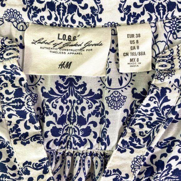 H&M L.O.G.G Women's Sheer White Blue Embroidery 1/4 Button Boho Dress Size 8 - Picture 5 of 11